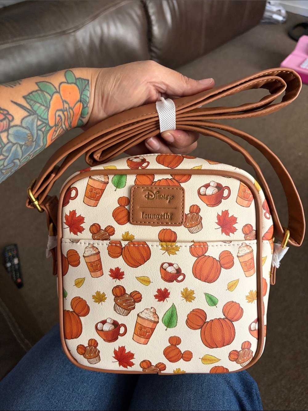 Loungefly Cream Pumpkin Spice Print Crossbody with Brown Trim - Picture 2 of 8